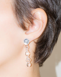 Model wearing Orb Earrings, handmade borosilicate glass design with three orbs in a vertical drop, mounted on sterling silver studs.