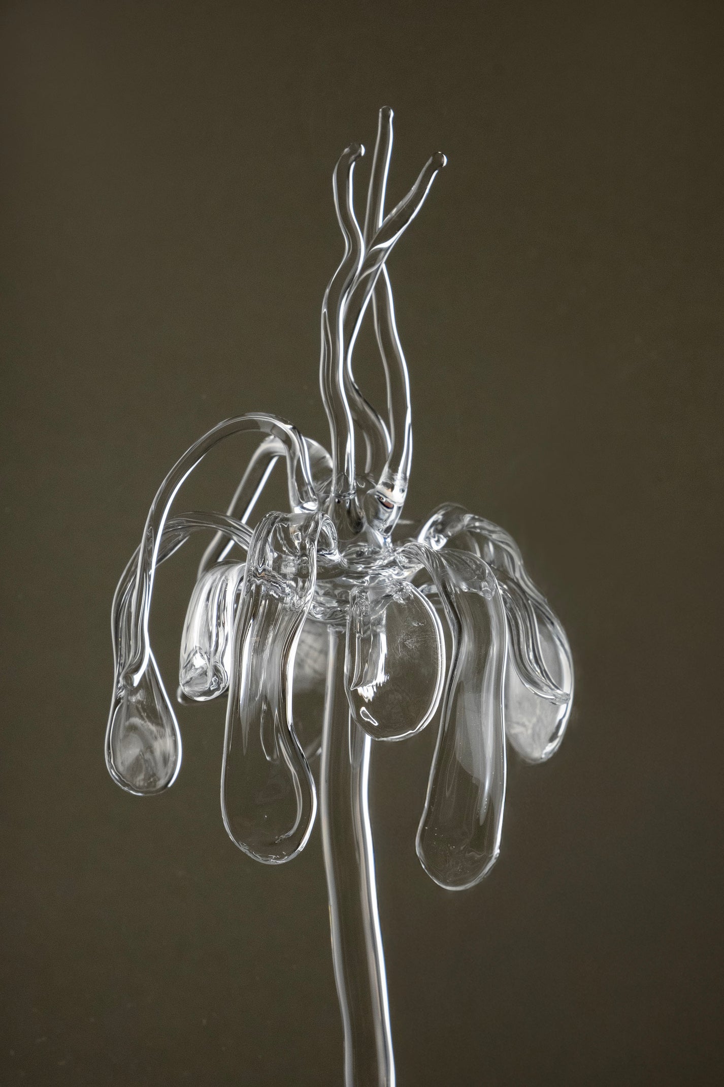 Close-up of transparent Orb Necklace showing solid glass spheres connected seamlessly with glass links, handmade borosilicate piece.