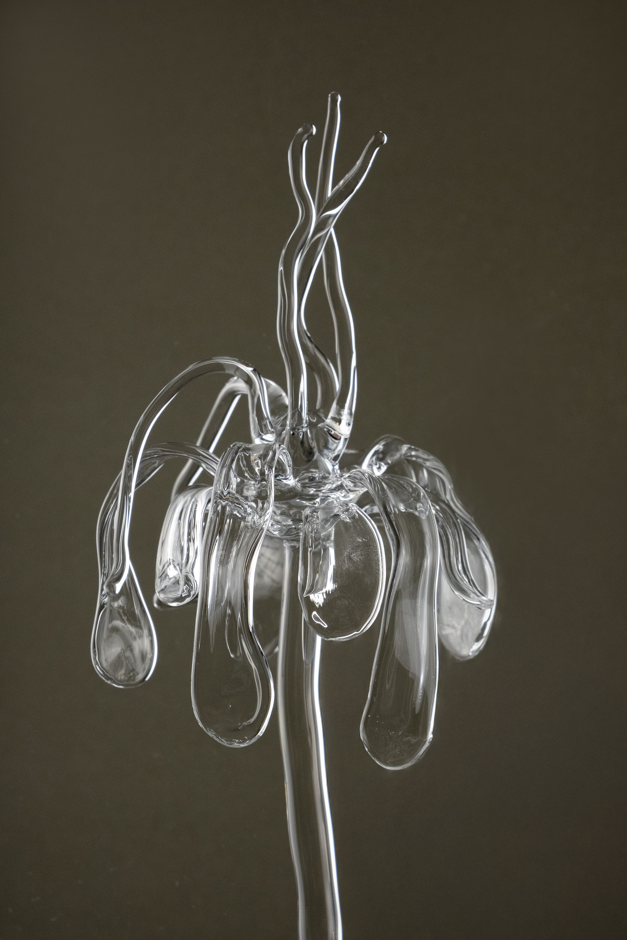 Close-up of transparent Orb Necklace showing solid glass spheres connected seamlessly with glass links, handmade borosilicate piece.