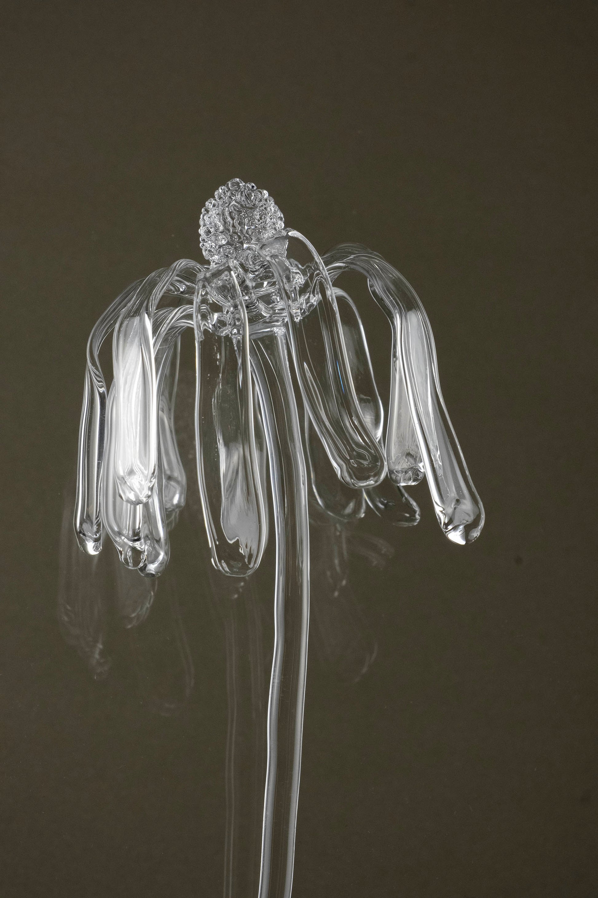 Close-up of Glasblume 03 capturing surface detail and the transition from bloom toward decay in the glass petals.