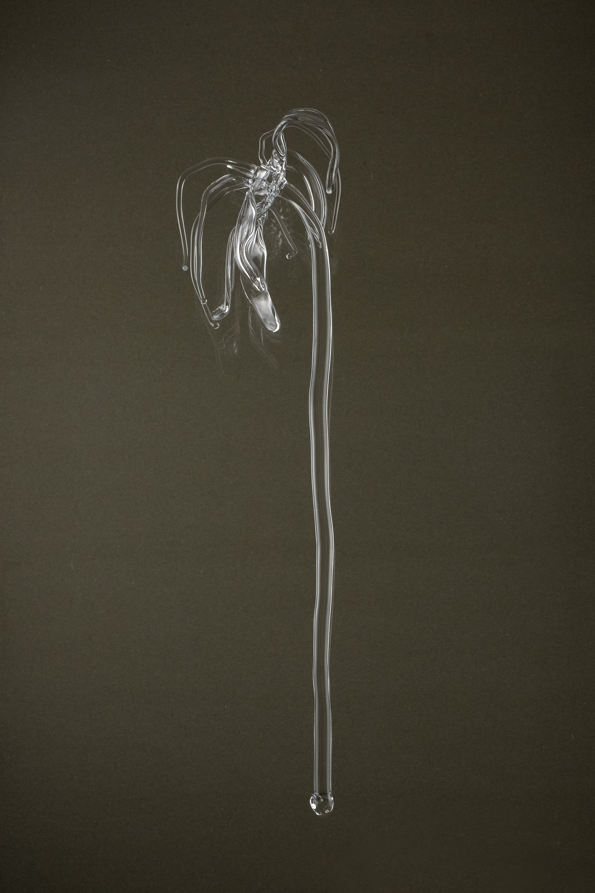 Handcrafted glass flower Glasblume 04 in full view, made from borosilicate glass and shaped as a sculptural object.