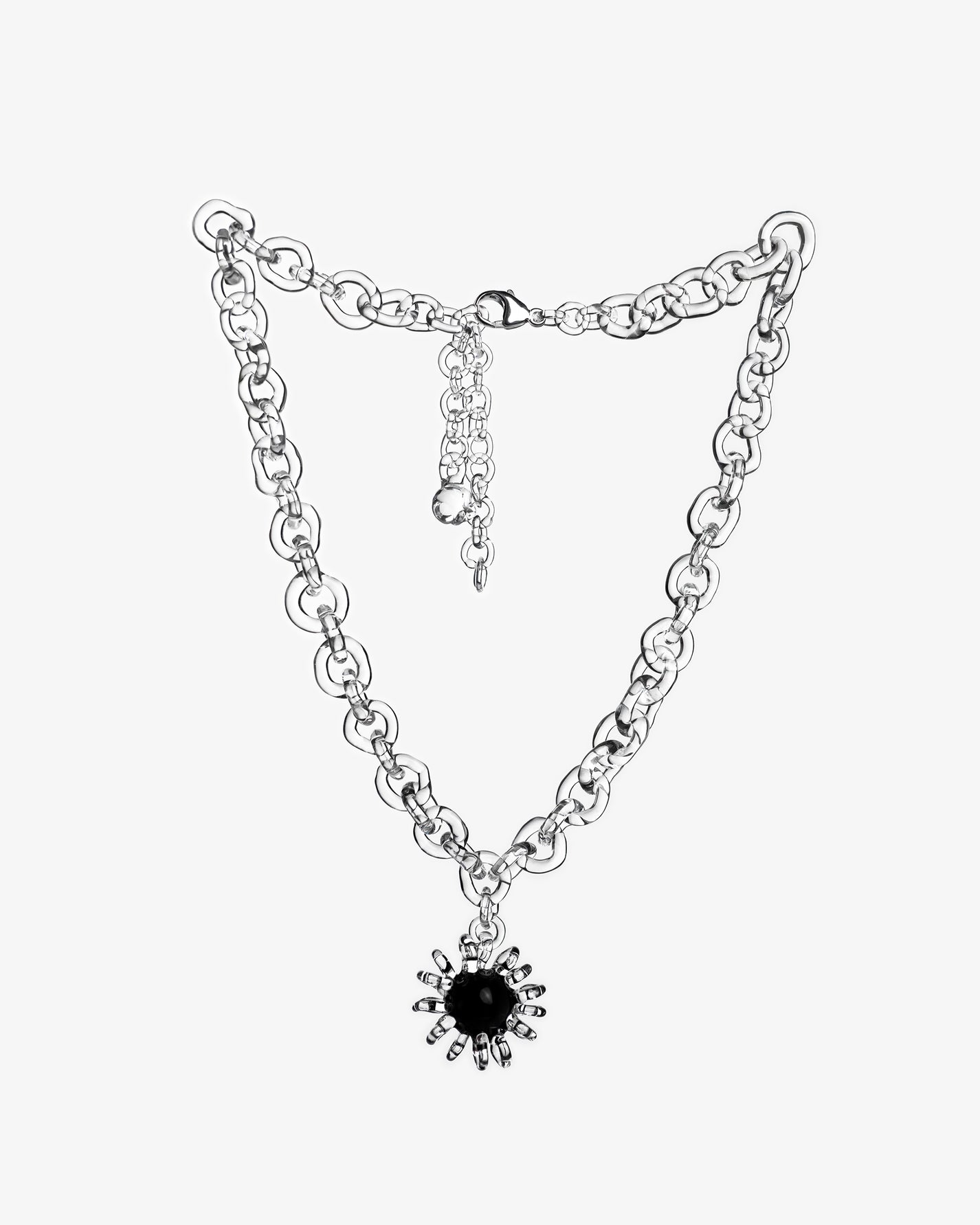 Bold glass chain necklace with black glass amulet, featuring a central sphere surrounded by transparent loops, handmade borosilicate jewelry.