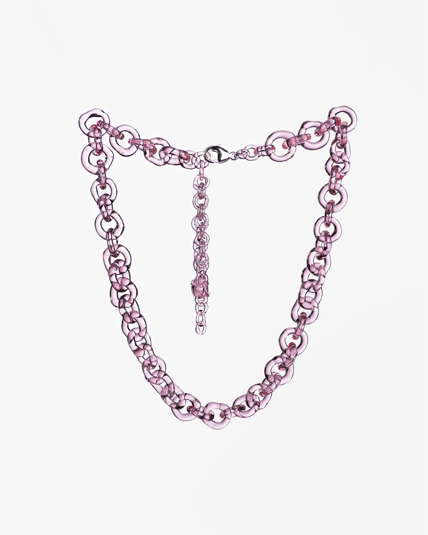 Bold glass chain necklace made from thick borosilicate glass links, handmade with sterling silver lobster clasp.