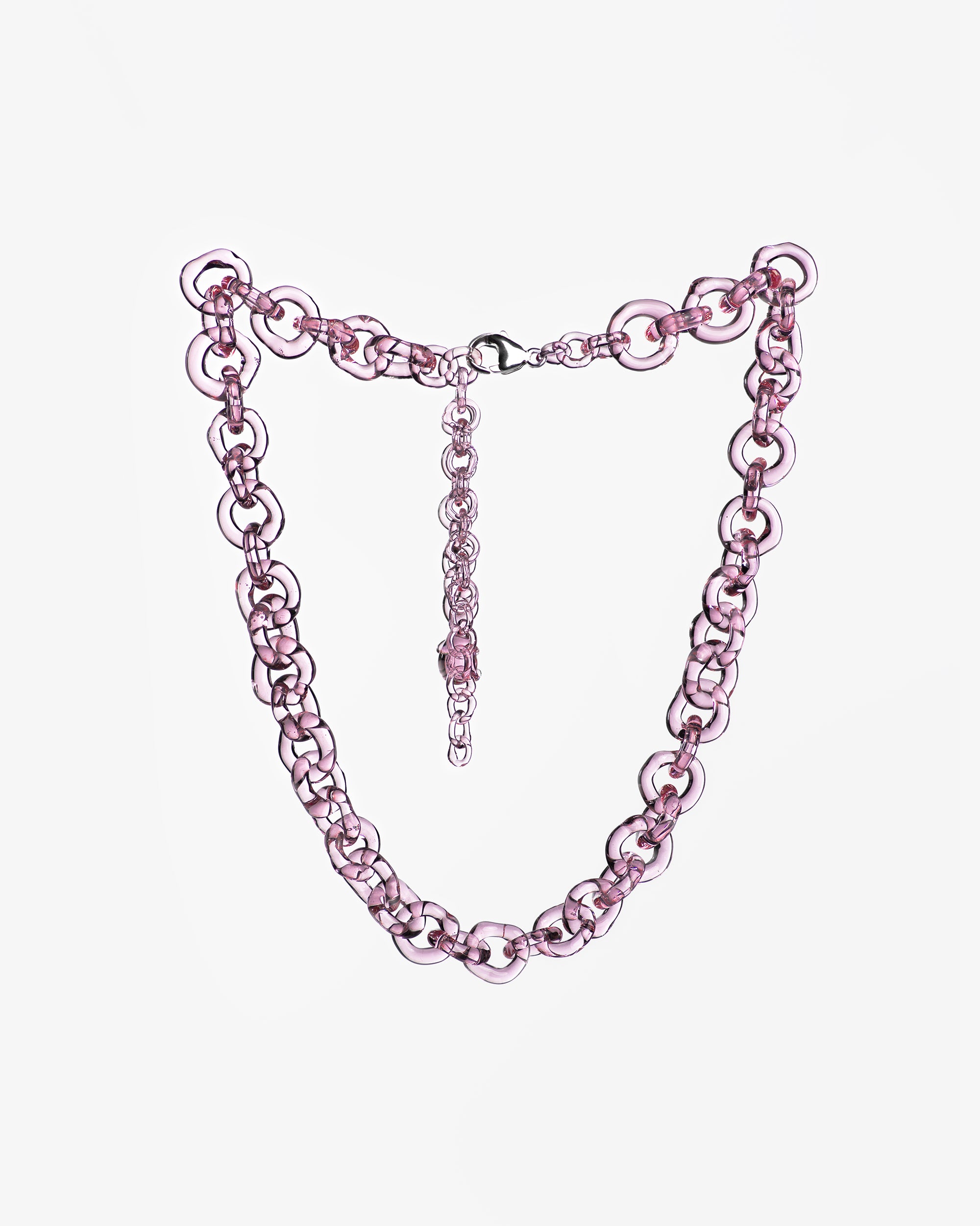 Bold glass chain necklace made from thick borosilicate glass links, handmade with sterling silver lobster clasp.