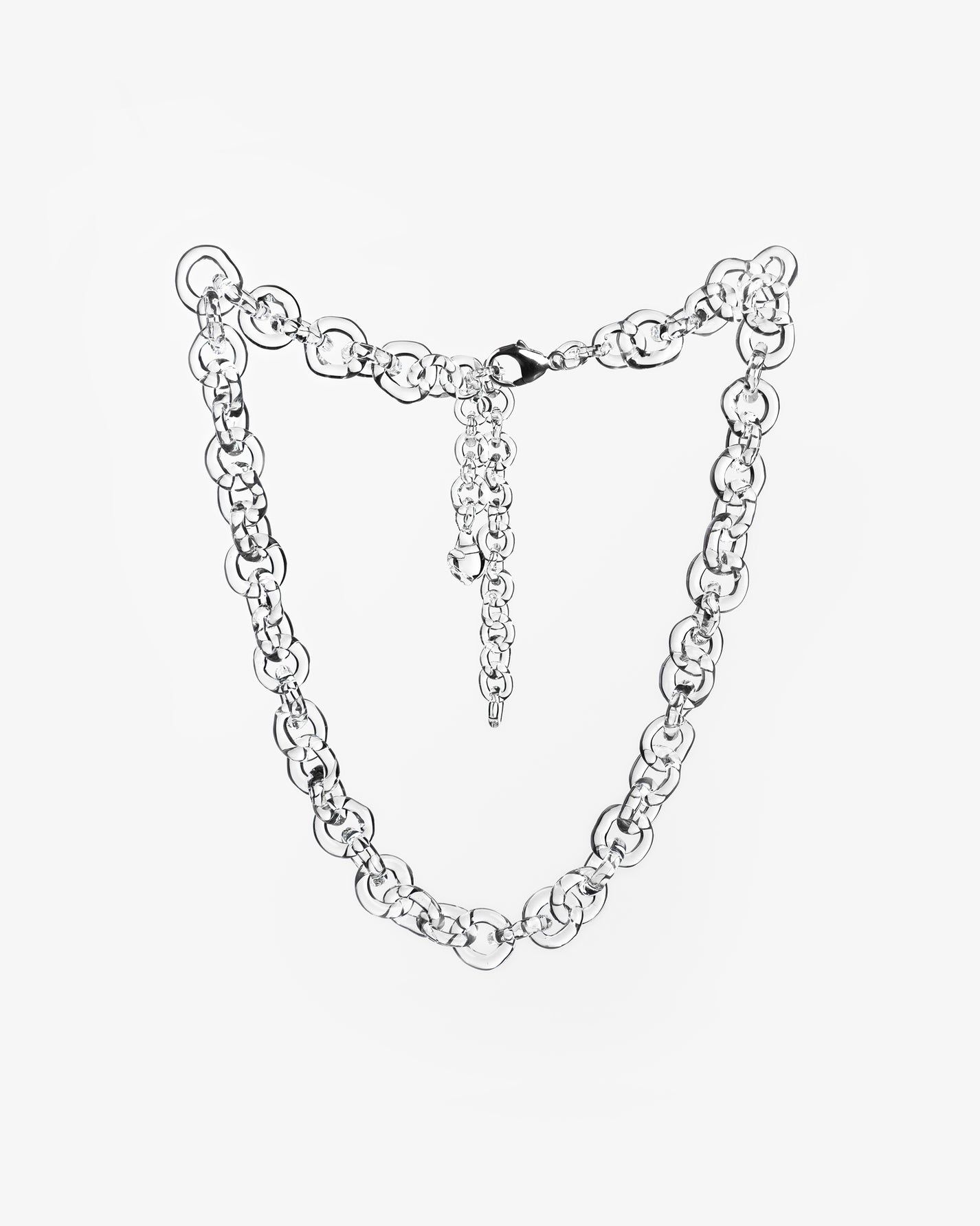 Bold glass chain necklace made from thick borosilicate glass links, handmade with sterling silver lobster clasp.