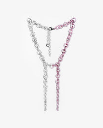 Bold transparent and pink glass chain necklace with double tapered drops, handmade from thick borosilicate glass links with sterling silver clasp.