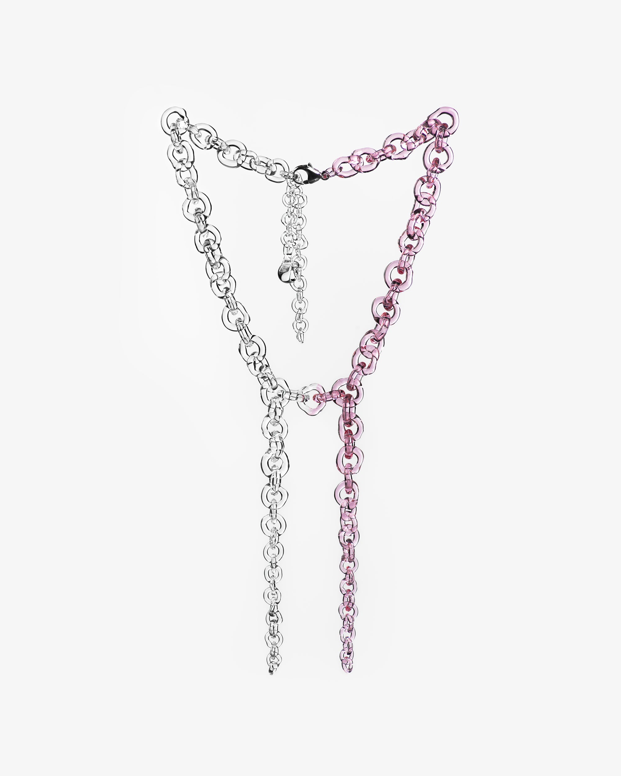 Bold transparent and pink glass chain necklace with double tapered drops, handmade from thick borosilicate glass links with sterling silver clasp.