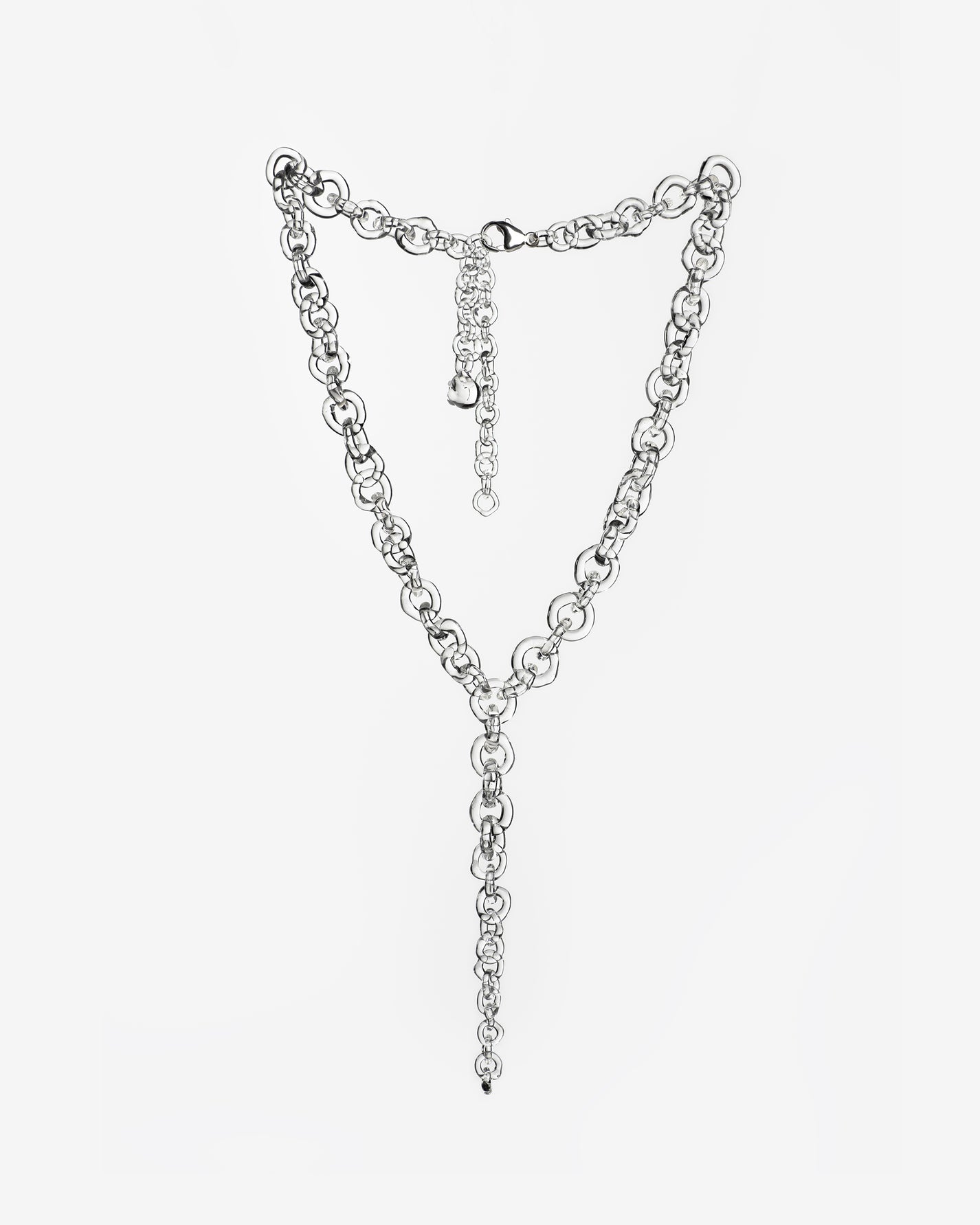 Bold transparent glass chain necklace with tapered drop detail, handmade from thick borosilicate glass links, finished with sterling silver clasp.