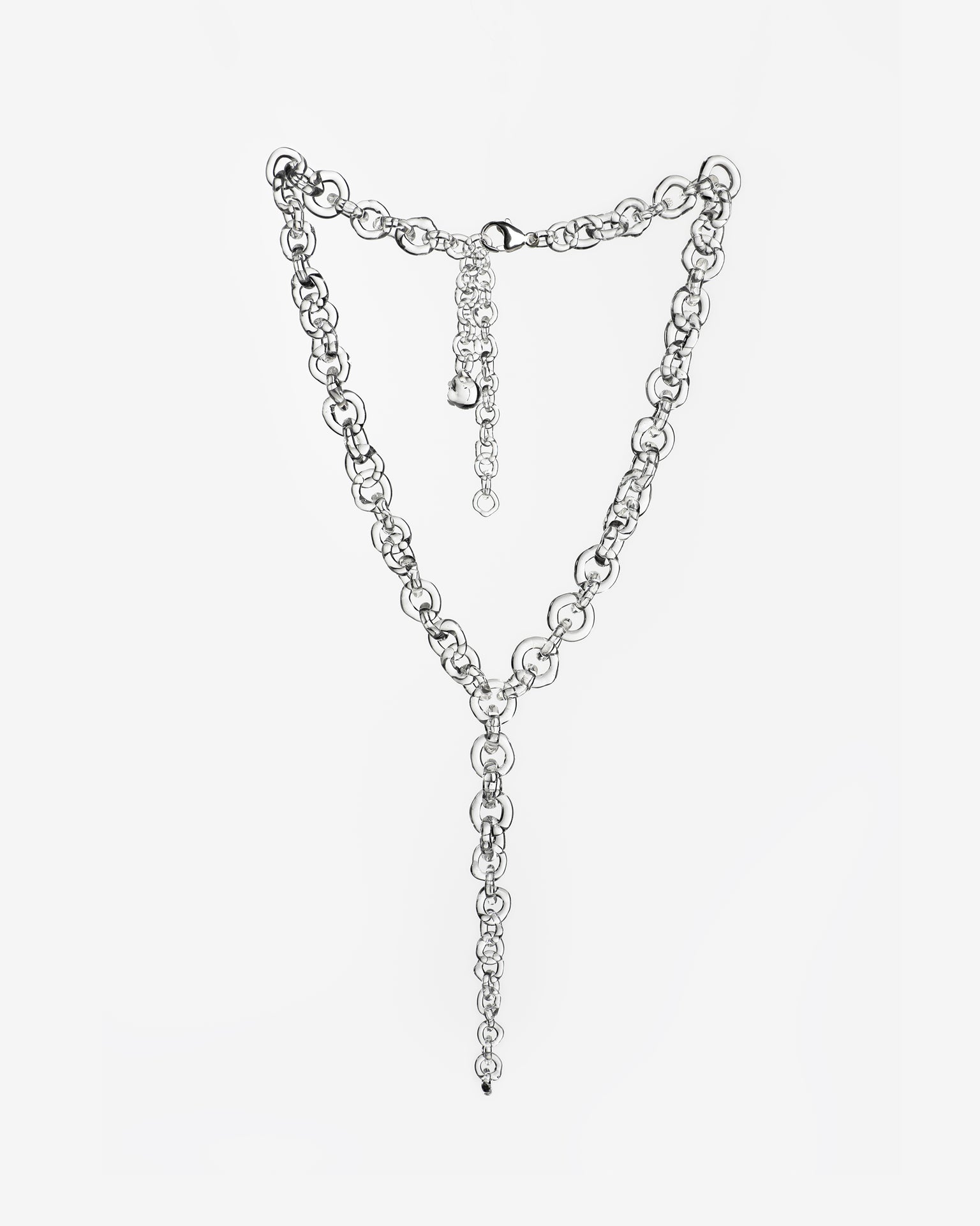 Bold transparent glass chain necklace with tapered drop detail, handmade from thick borosilicate glass links, finished with sterling silver clasp.