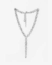 Bold transparent glass chain necklace with tapered drop detail, handmade from thick borosilicate glass links, finished with sterling silver clasp.