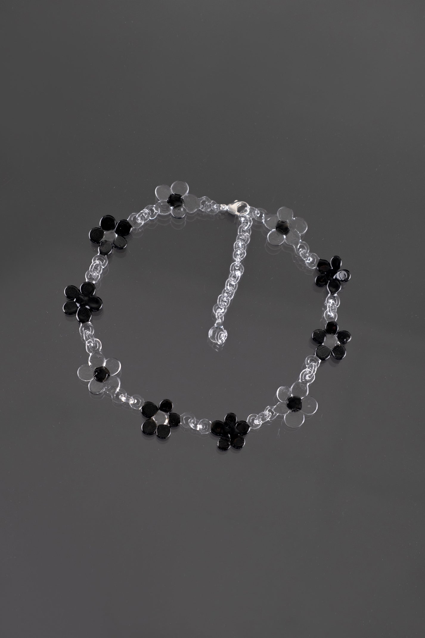 Black borosilicate glass flower choker necklace with silver clasp