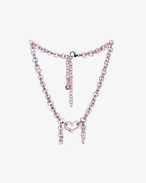 Pink thin glass chain necklace with central glass heart and two short side glass chains, handmade from borosilicate glass links.