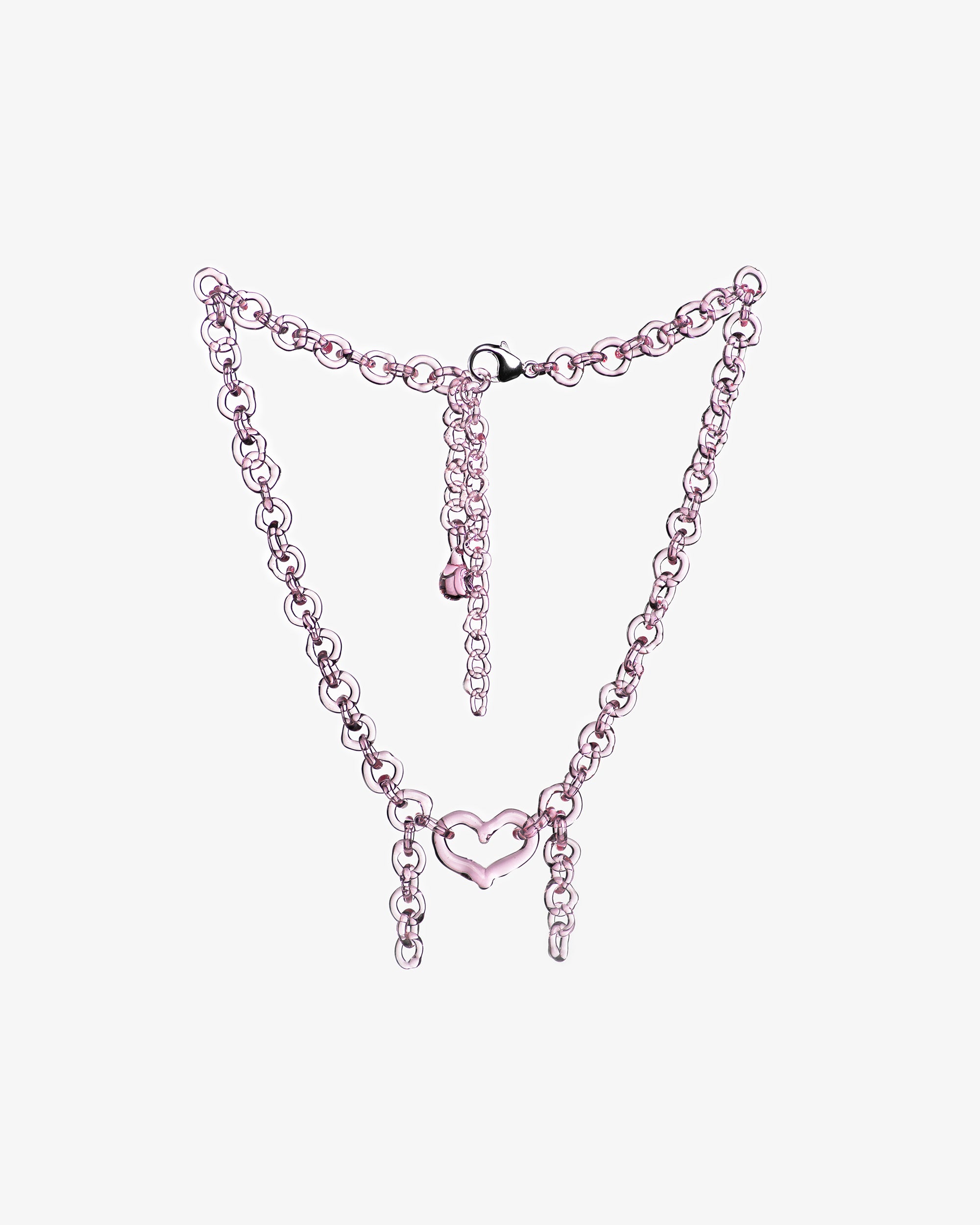 Pink thin glass chain necklace with central glass heart and two short side glass chains, handmade from borosilicate glass links.