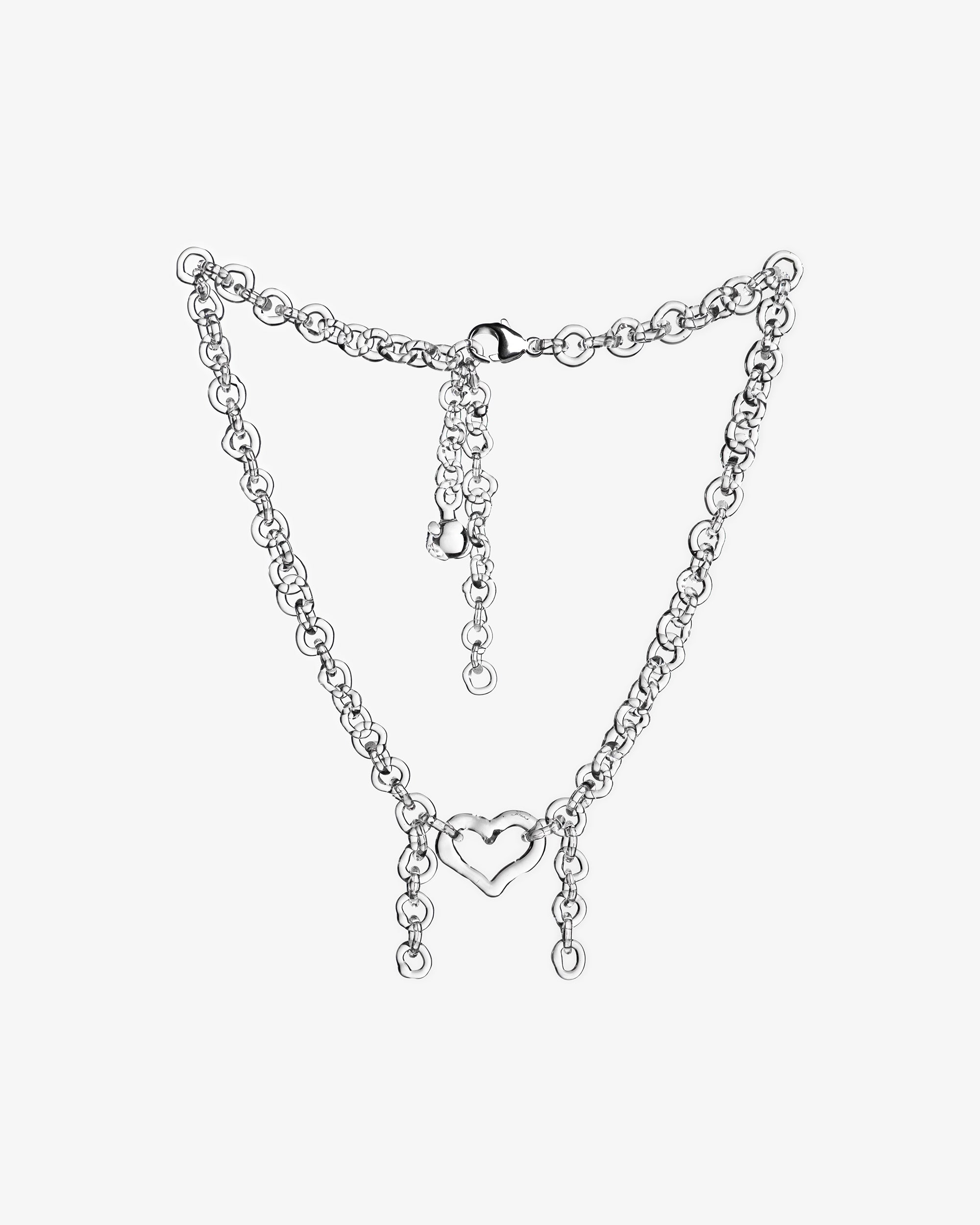 Transparent thin glass chain necklace with central glass heart and two short side glass chains, handmade borosilicate jewelry.
