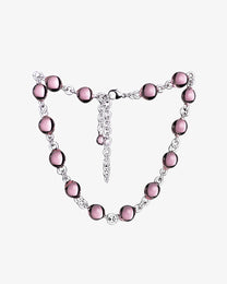 Pink Orb Necklace with solid borosilicate glass spheres linked by transparent glass connectors, handmade jewelry design.