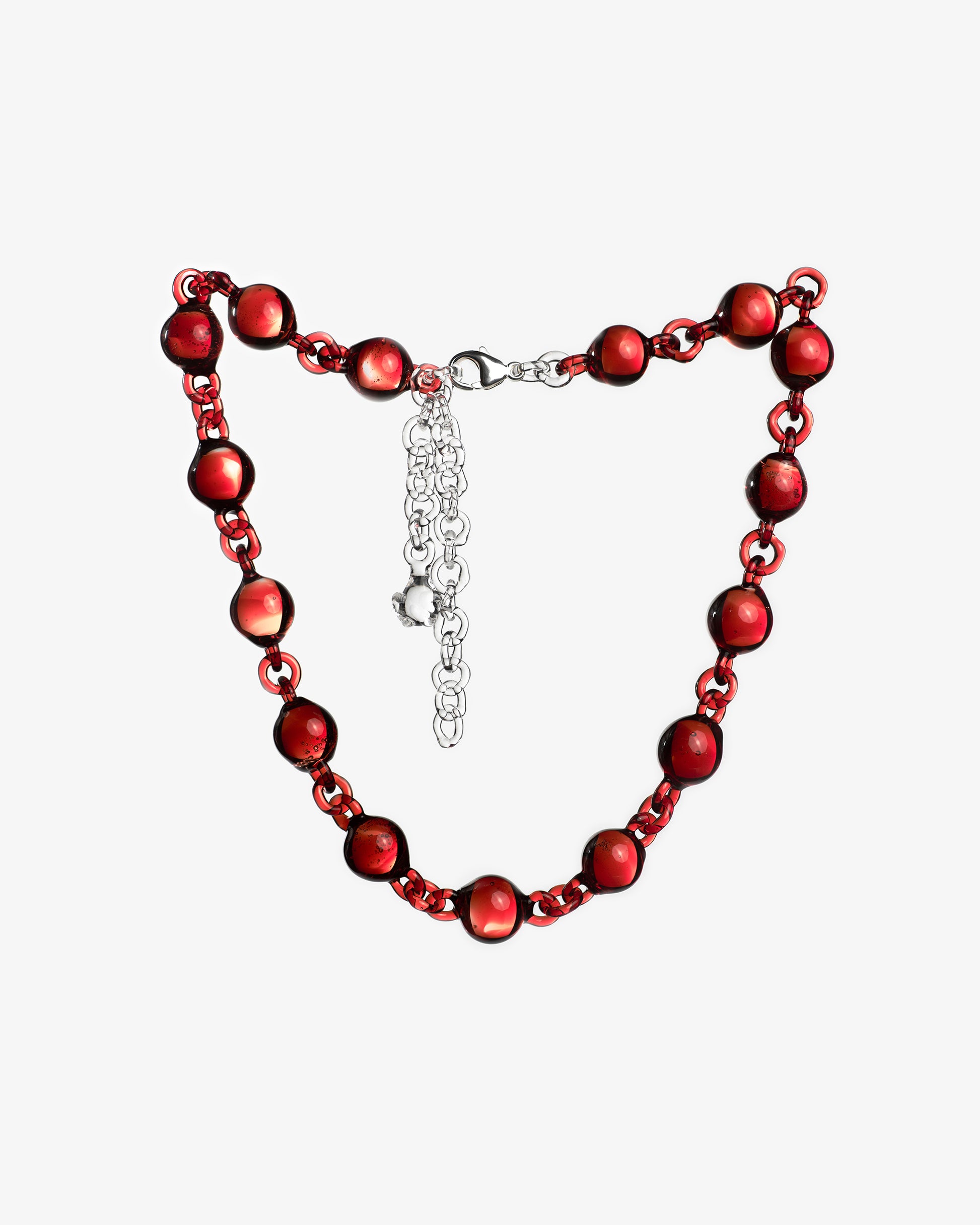 Red Orb Necklace made from solid borosilicate glass spheres connected by matching red glass links, handmade jewelry design.