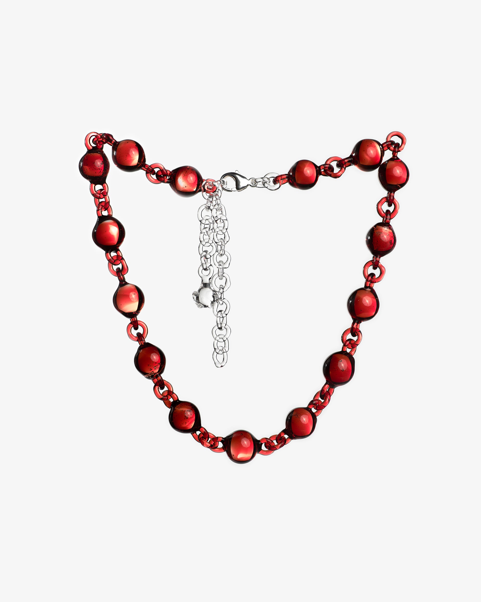 Red Orb Necklace made from solid borosilicate glass spheres connected by matching red glass links, handmade jewelry design.