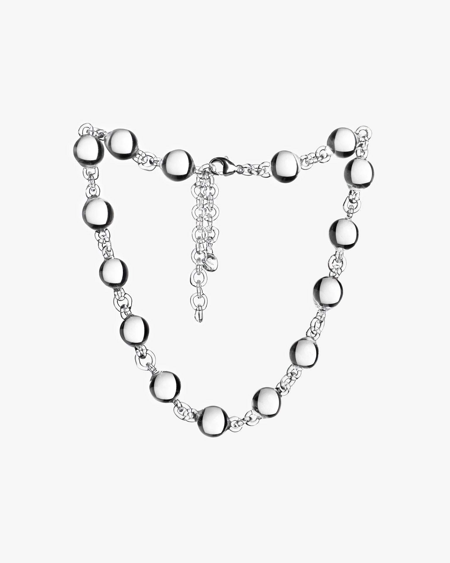 Transparent Orb Necklace made from solid borosilicate glass spheres linked together with glass connectors, handmade jewelry.