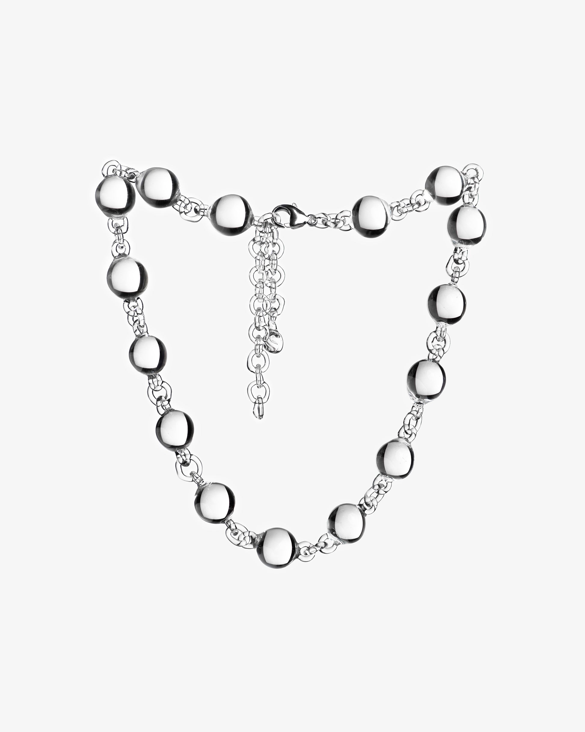 Transparent Orb Necklace made from solid borosilicate glass spheres linked together with glass connectors, handmade jewelry.