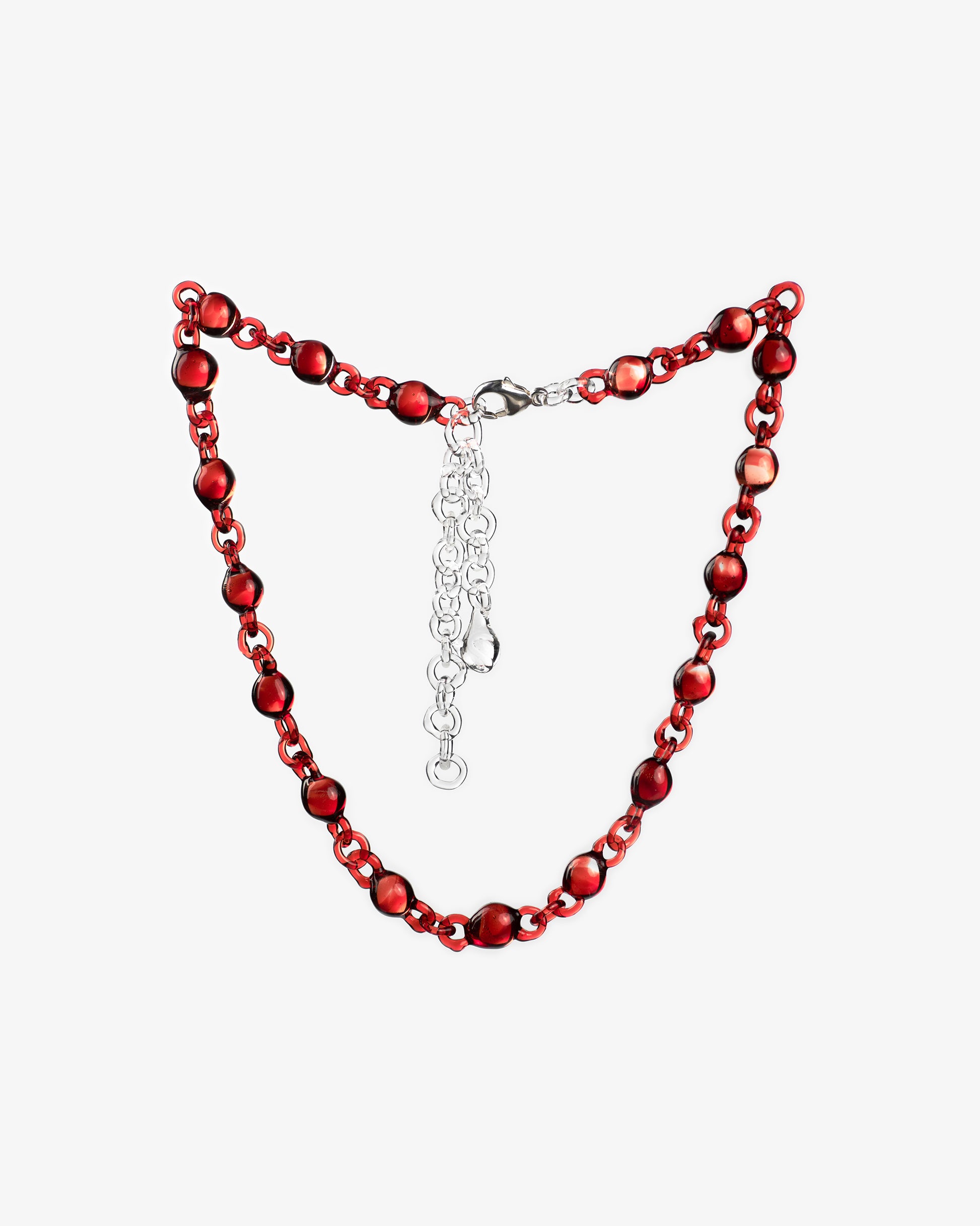 Red Orb Mini Necklace made from smaller solid borosilicate glass spheres linked together in a continuous glass chain, handmade jewelry.