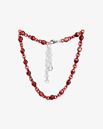 Red Orb Mini Necklace made from smaller solid borosilicate glass spheres linked together in a continuous glass chain, handmade jewelry.