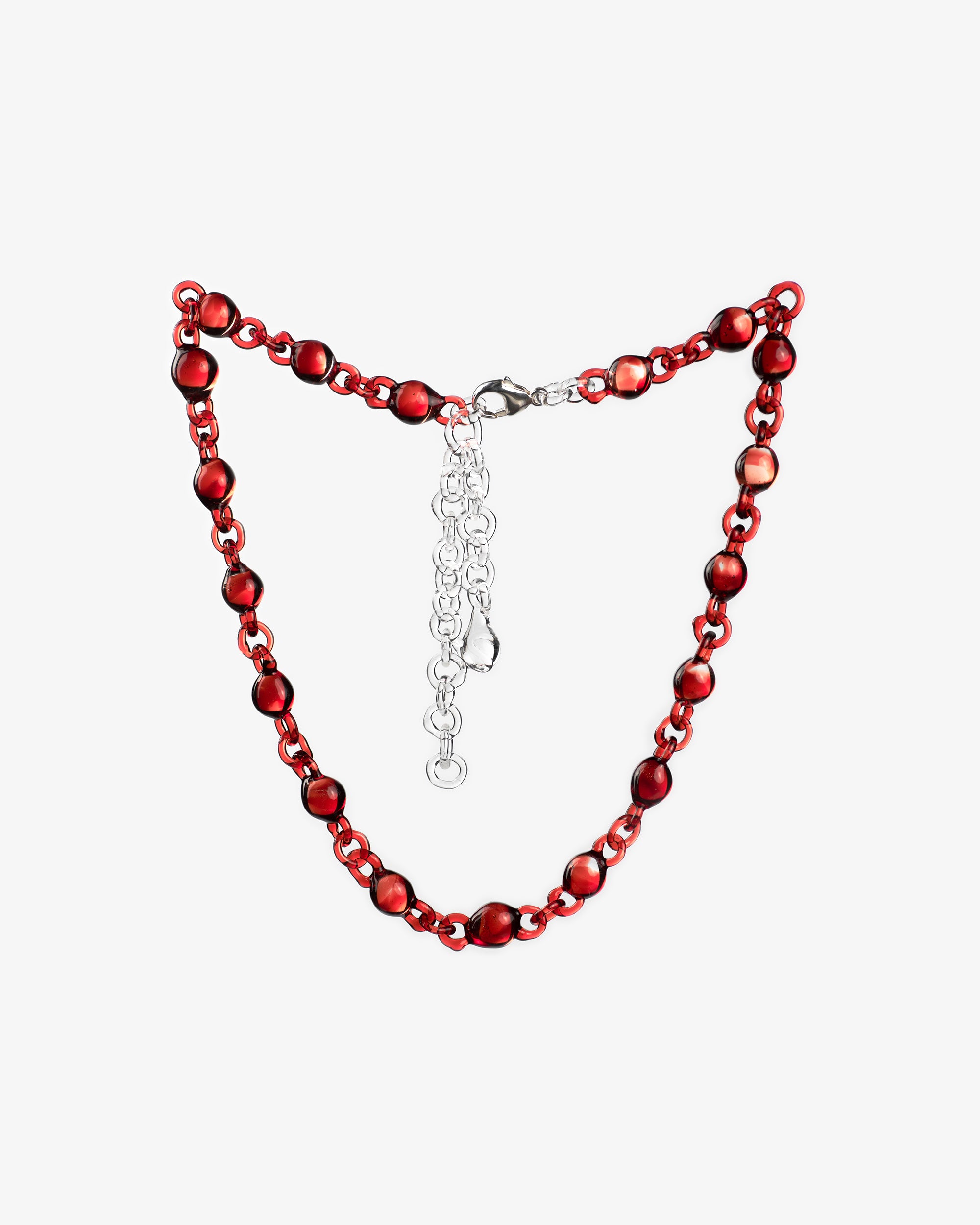 Red Orb Mini Necklace made from smaller solid borosilicate glass spheres linked together in a continuous glass chain, handmade jewelry.