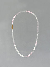 Unique Sequence Necklace handcrafted from borosilicate glass with amber, pink, opaque pink, white and transparent glass links.