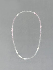 Handmade borosilicate glass Sequence Necklace in soft pink, opaque pink, white and transparent tones. A unique lightweight 75 cm necklace.
