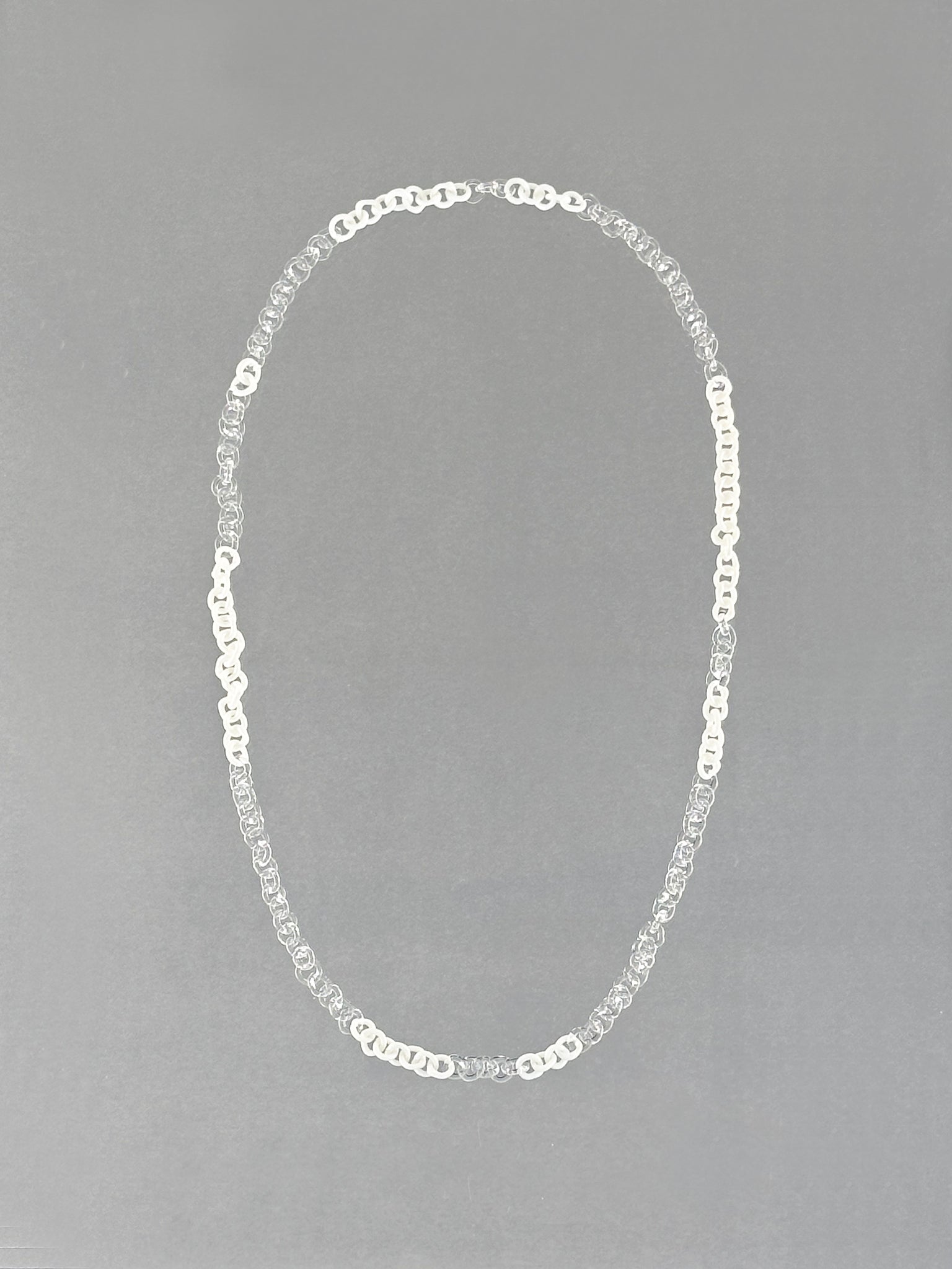 Minimal handmade Sequence Necklace crafted from transparent and white borosilicate glass links. A unique lightweight 75 cm necklace.
