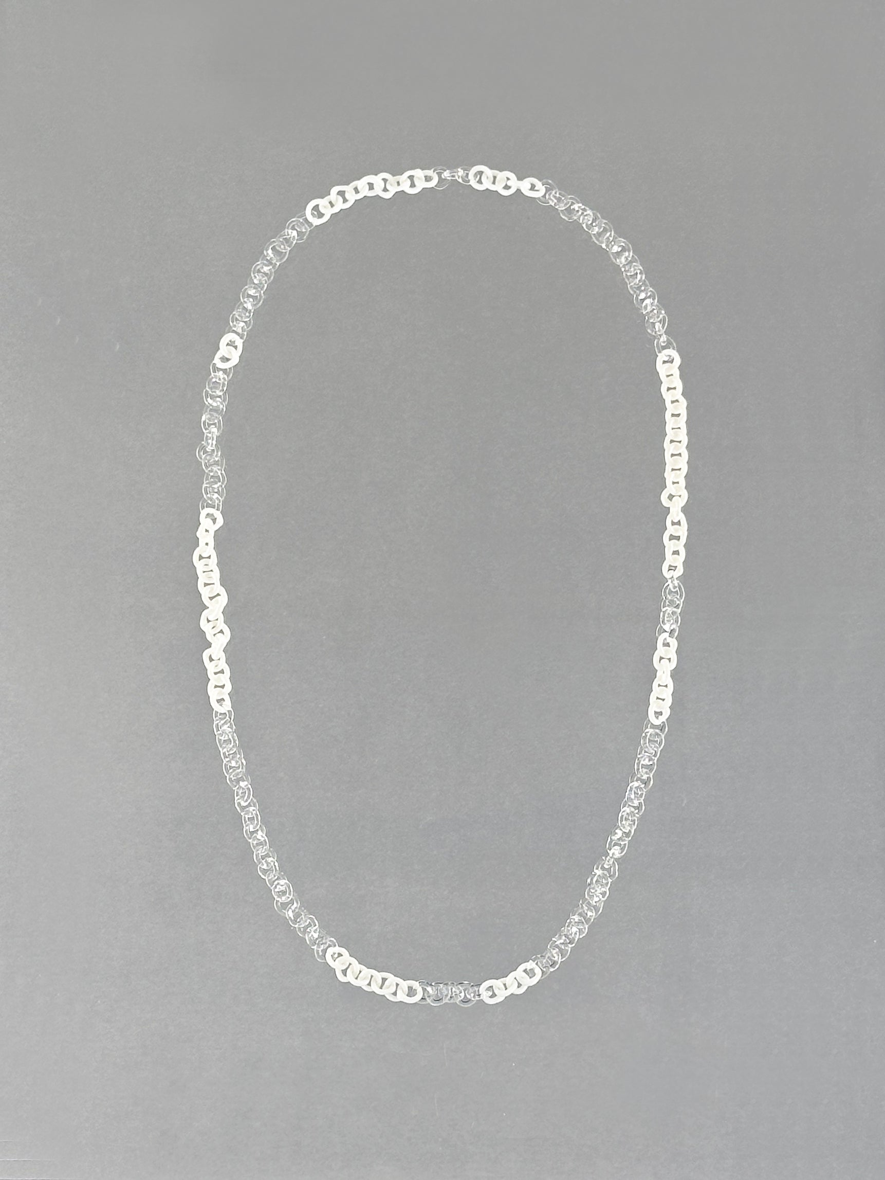 Minimal handmade Sequence Necklace crafted from transparent and white borosilicate glass links. A unique lightweight 75 cm necklace.