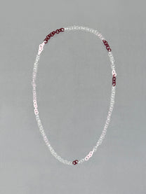 Unique borosilicate glass Sequence Necklace handmade with red, pink, opaque pink, white and transparent glass links.