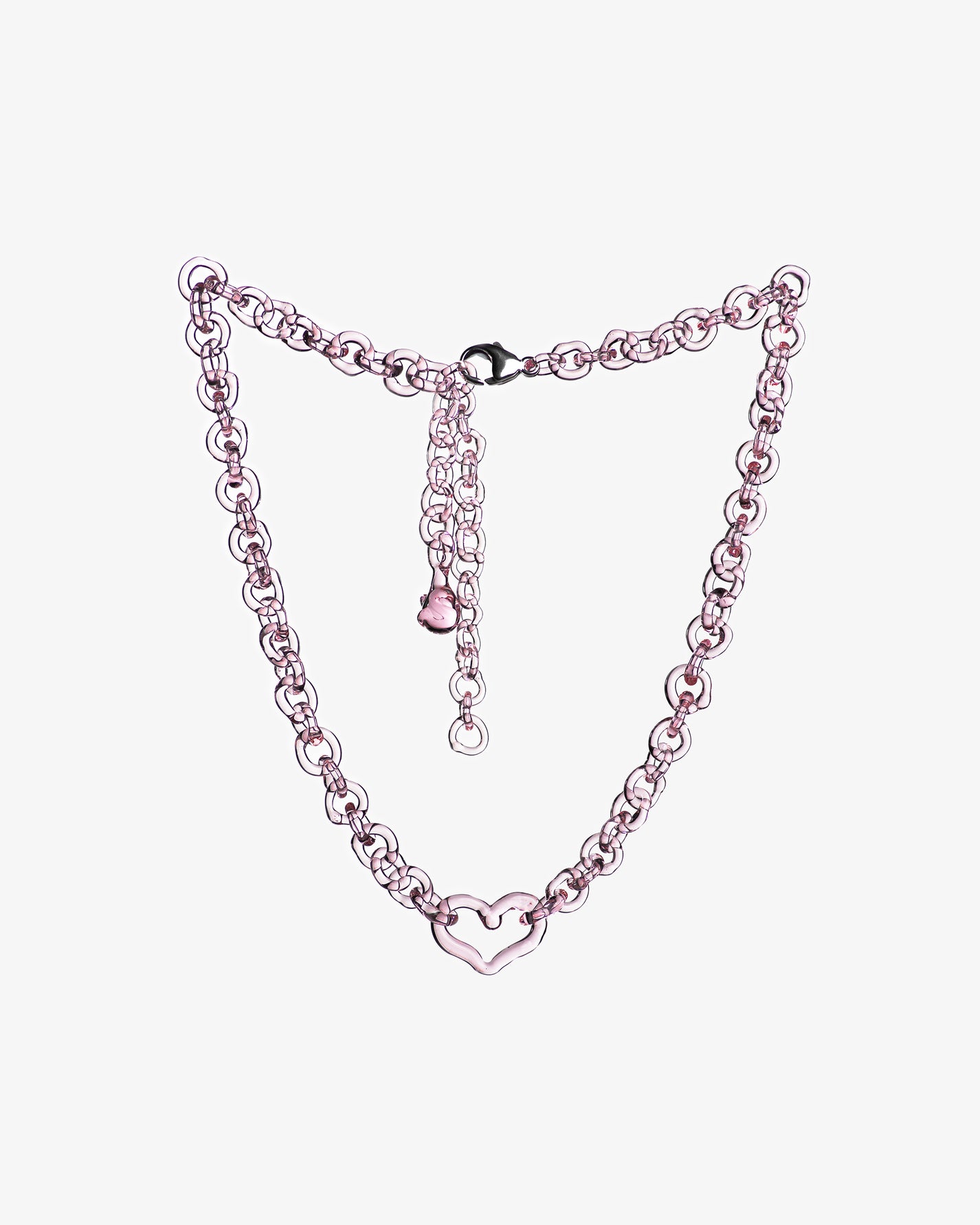 Pink thin glass chain necklace with central glass heart, handmade from borosilicate links, adjustable length with sterling silver clasp.
