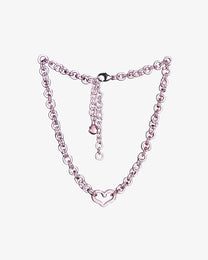 Pink thin glass chain necklace with central glass heart, handmade from borosilicate links, adjustable length with sterling silver clasp.
