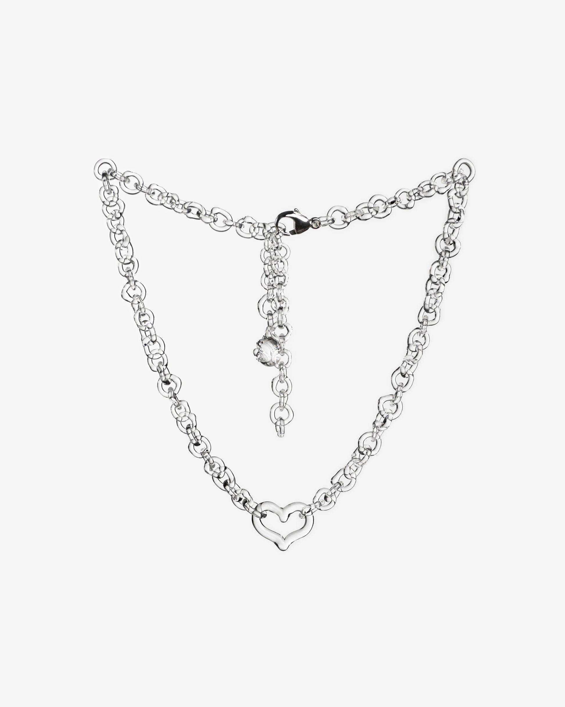 Transparent thin glass chain necklace with central glass heart, handmade from borosilicate links, adjustable length, sterling silver clasp.