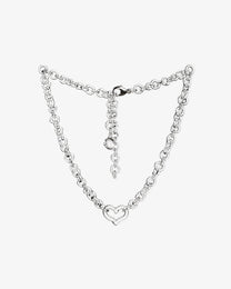 Transparent thin glass chain necklace with central glass heart, handmade from borosilicate links, adjustable length, sterling silver clasp.