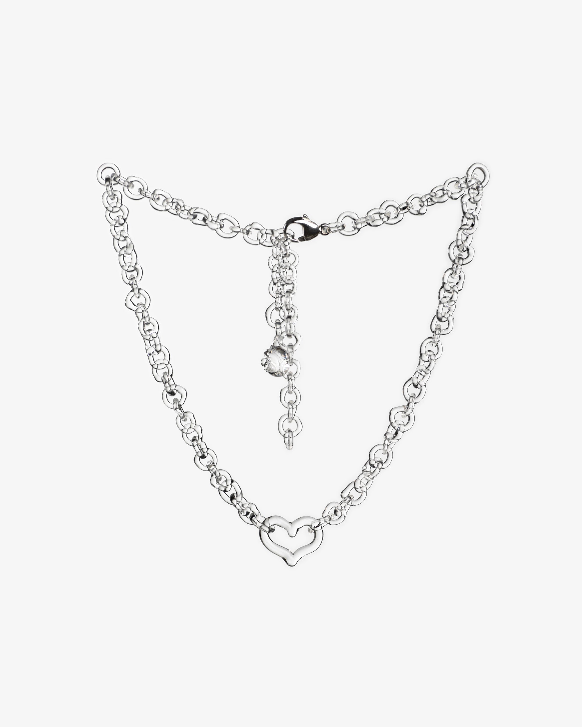 Transparent thin glass chain necklace with central glass heart, handmade from borosilicate links, adjustable length, sterling silver clasp.