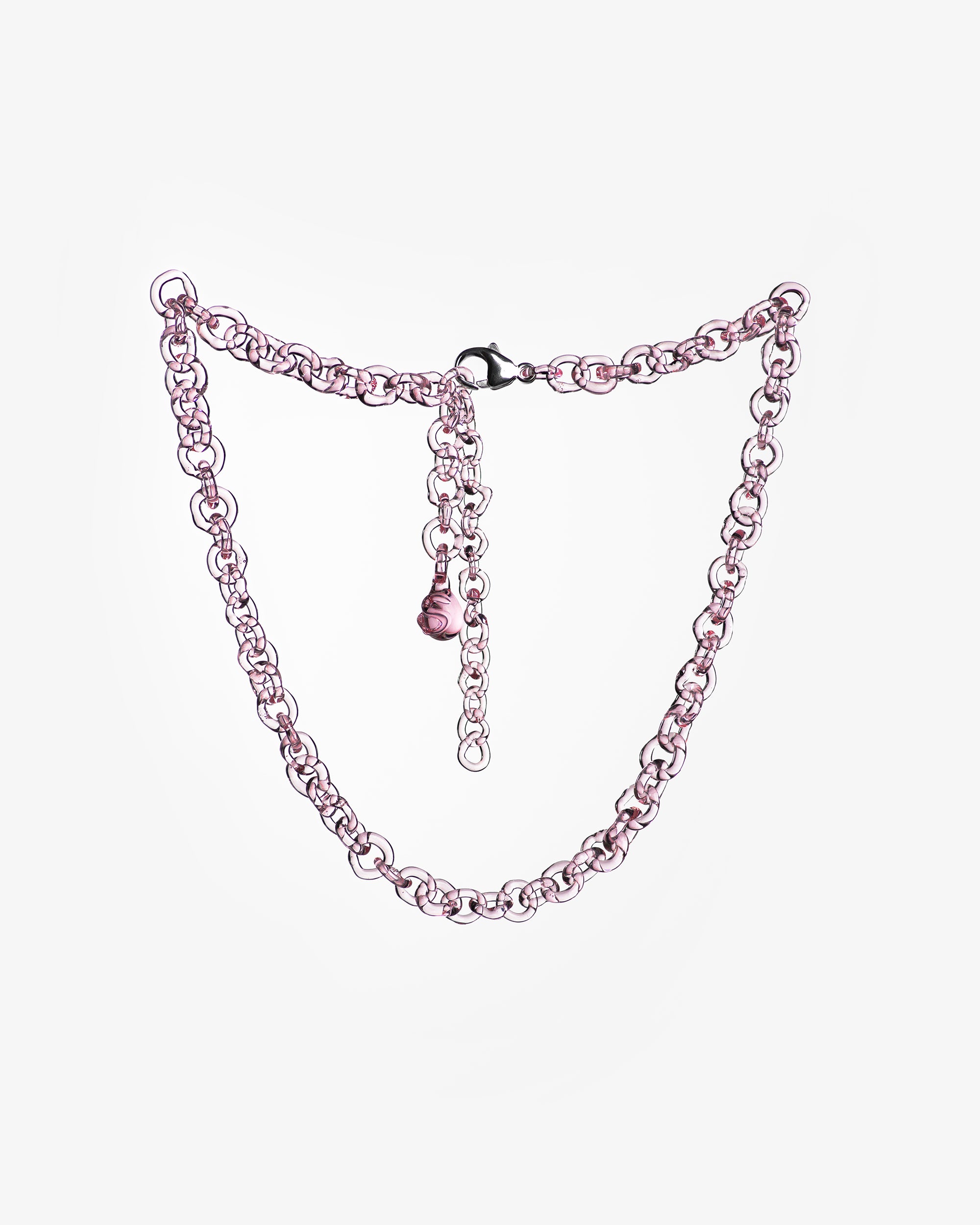 Pink glass chain necklace handmade from thin borosilicate glass links, adjustable length with sterling silver clasp.