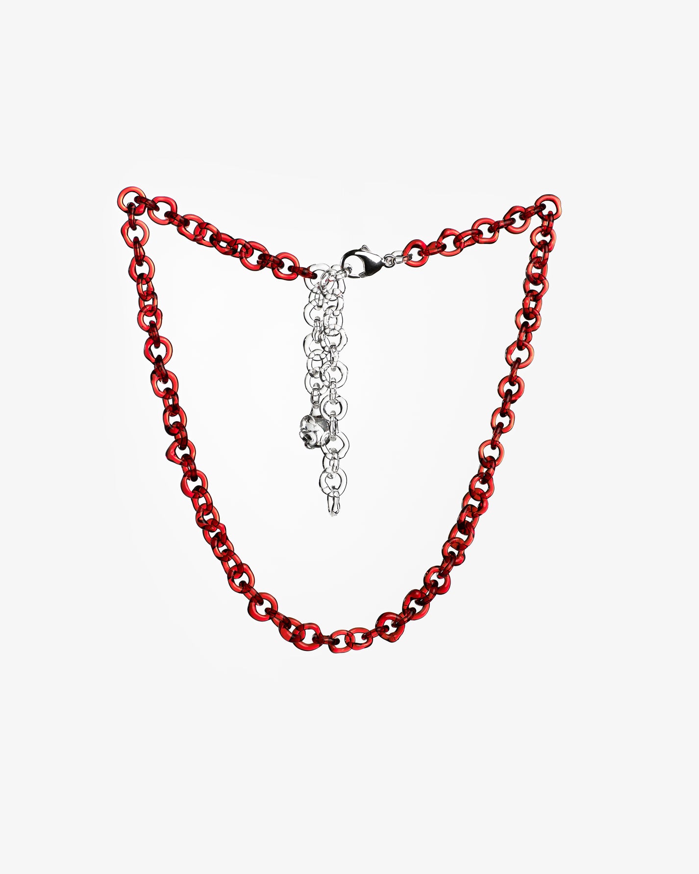 Red glass chain necklace made from thin borosilicate glass links, adjustable design with sterling silver clasp.