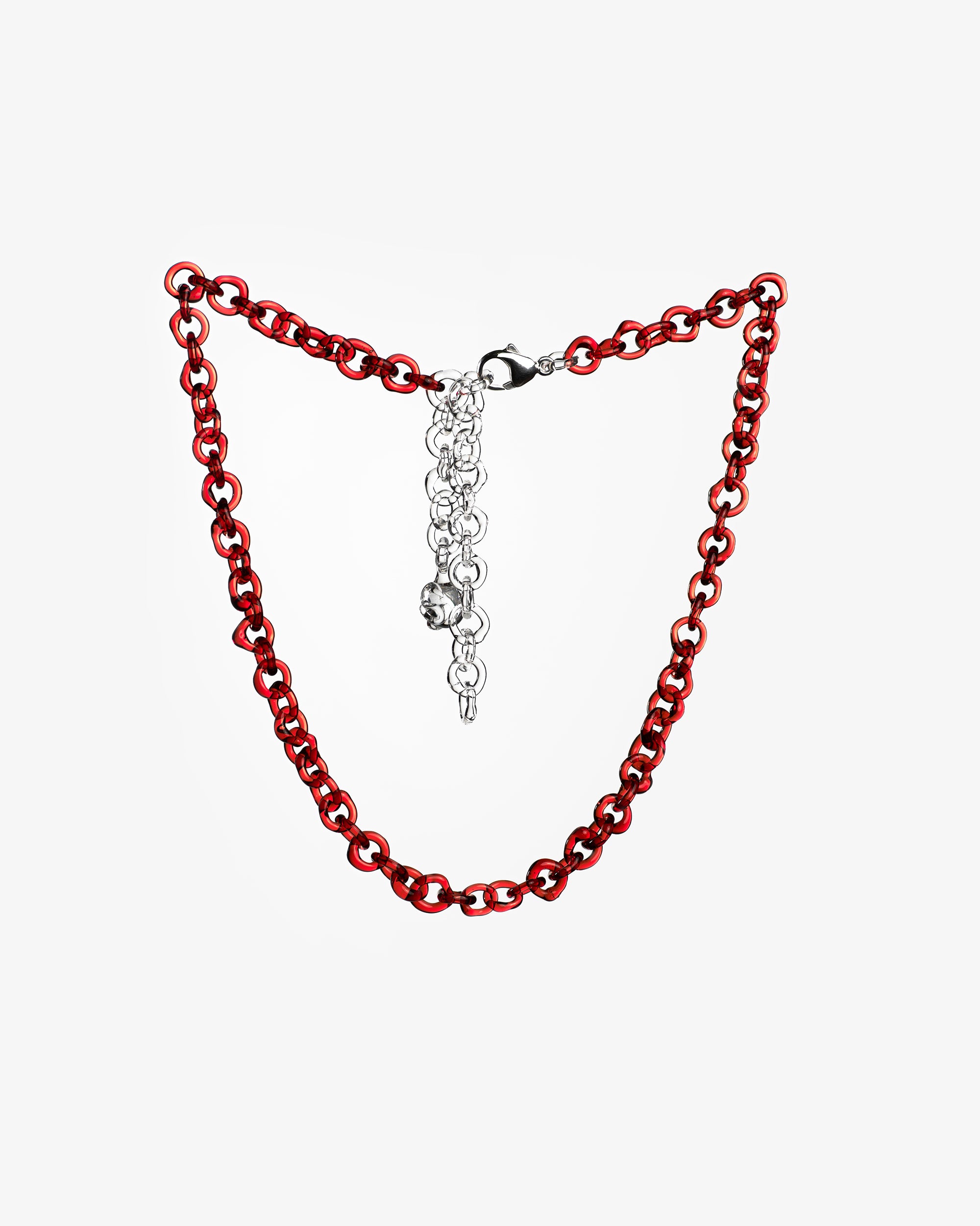 Red glass chain necklace made from thin borosilicate glass links, adjustable design with sterling silver clasp.