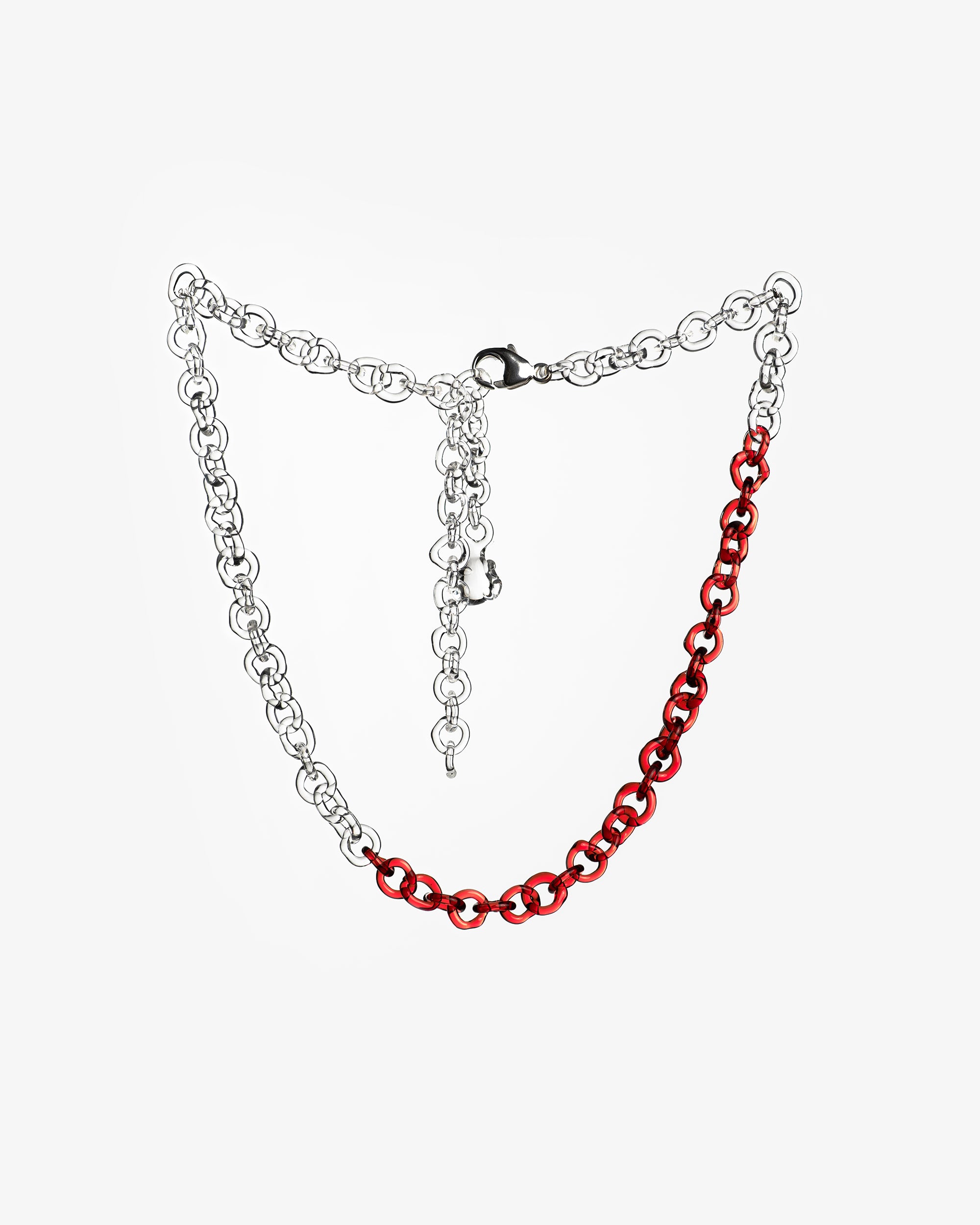 Two-tone glass chain necklace with transparent and red handmade thin borosilicate glass links, adjustable with sterling silver clasp