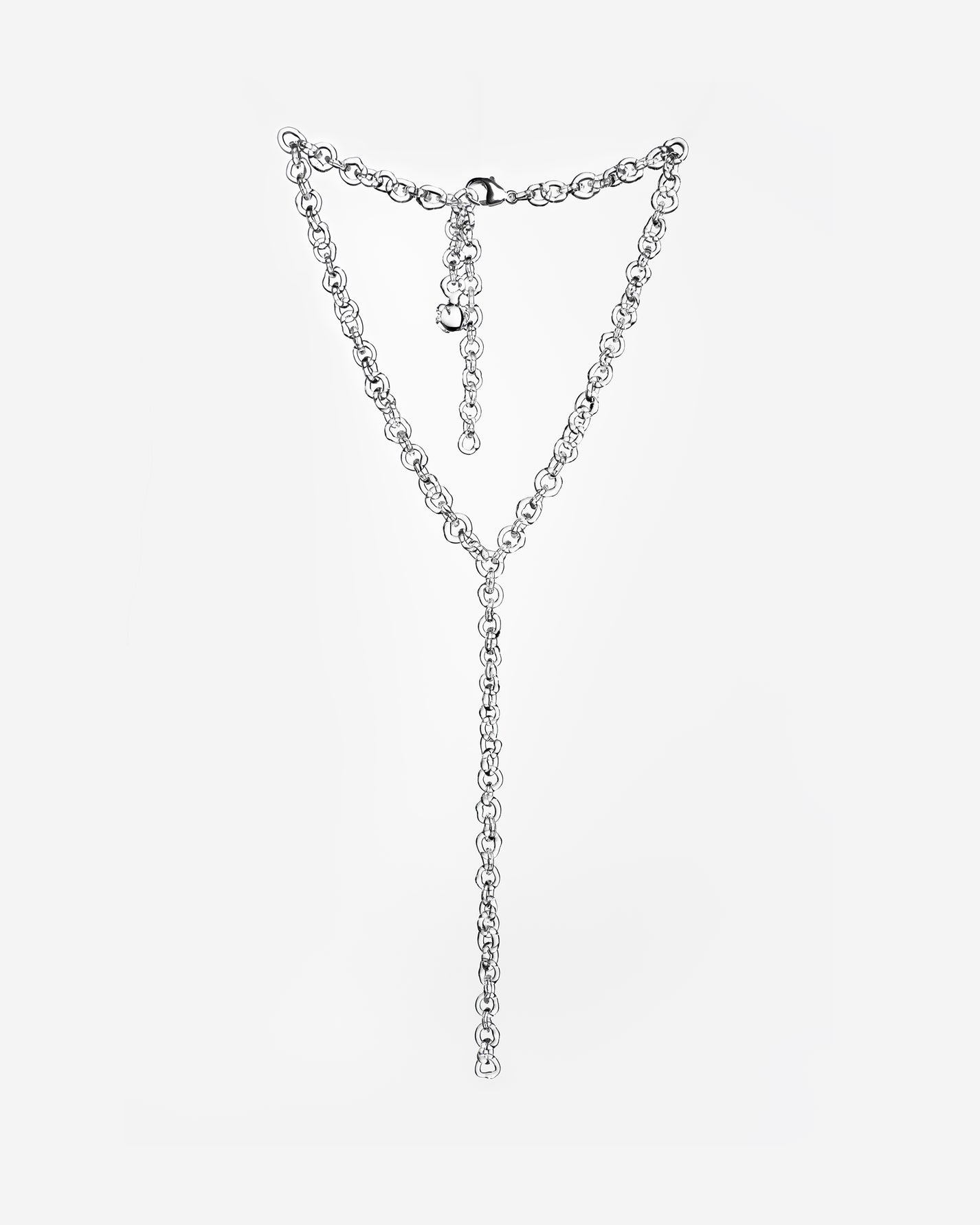 Transparent glass chain necklace with extended drop detail, handmade from thin borosilicate glass links.
