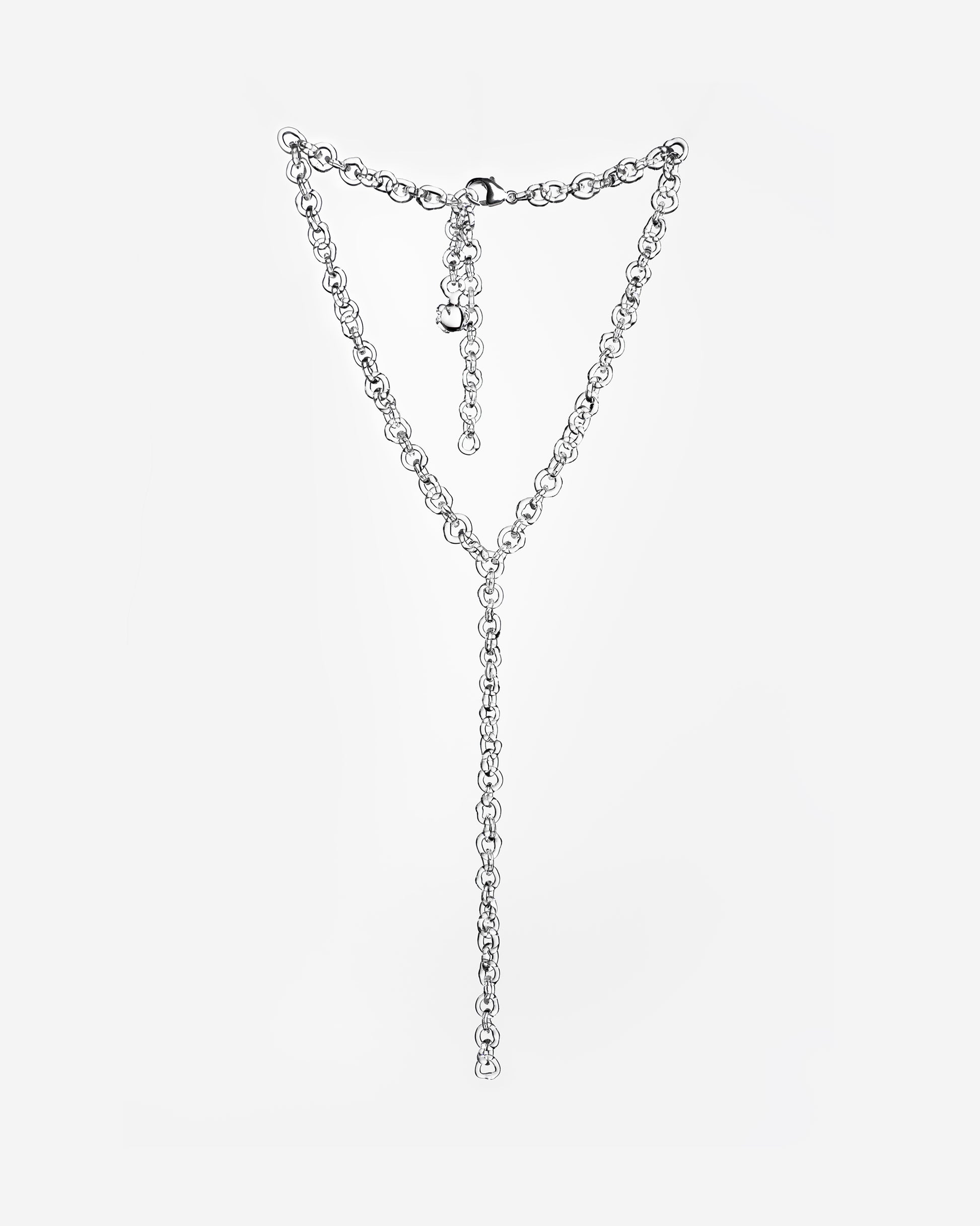 Transparent glass chain necklace with extended drop detail, handmade from thin borosilicate glass links.